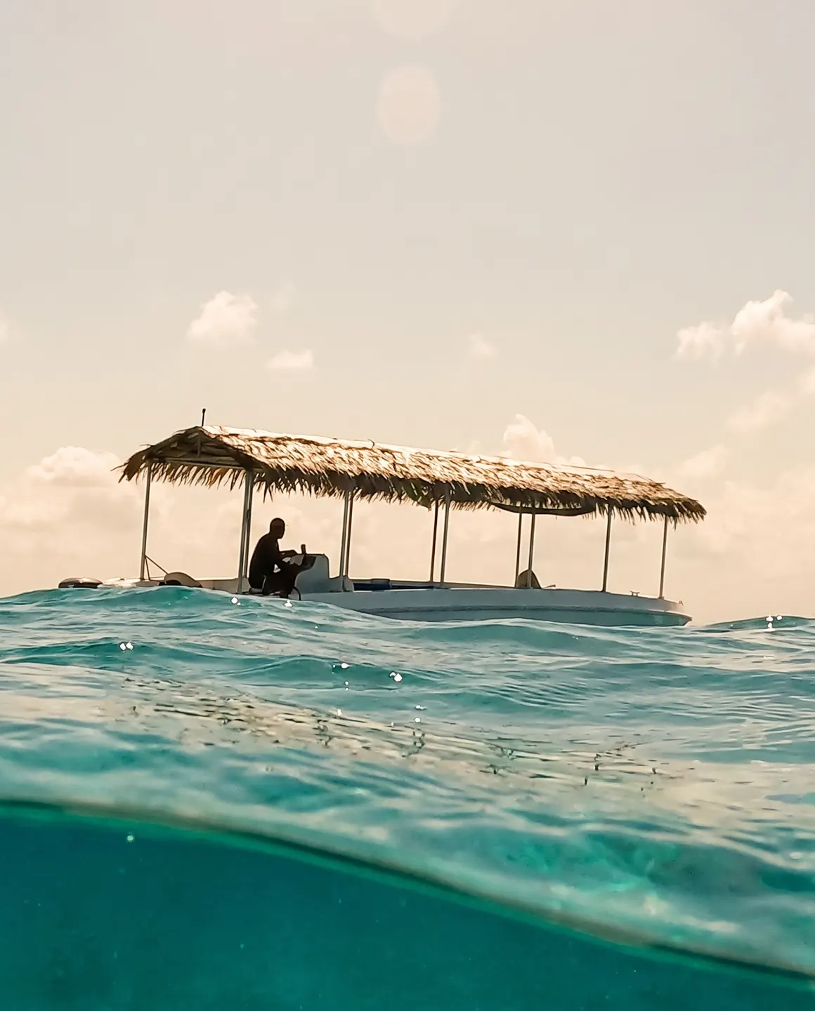 La Primera, Salty Experience's 28-guest snorkel boat, seen from the water with its palm-thatched canopy